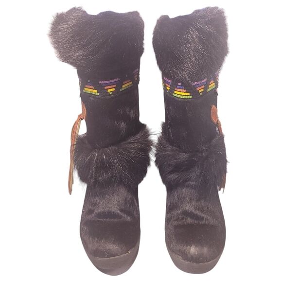 Tecnica Italian Black Full Fur Vintage Apres Ski Boots With Suede Tassel Womens - Picture 5 of 13